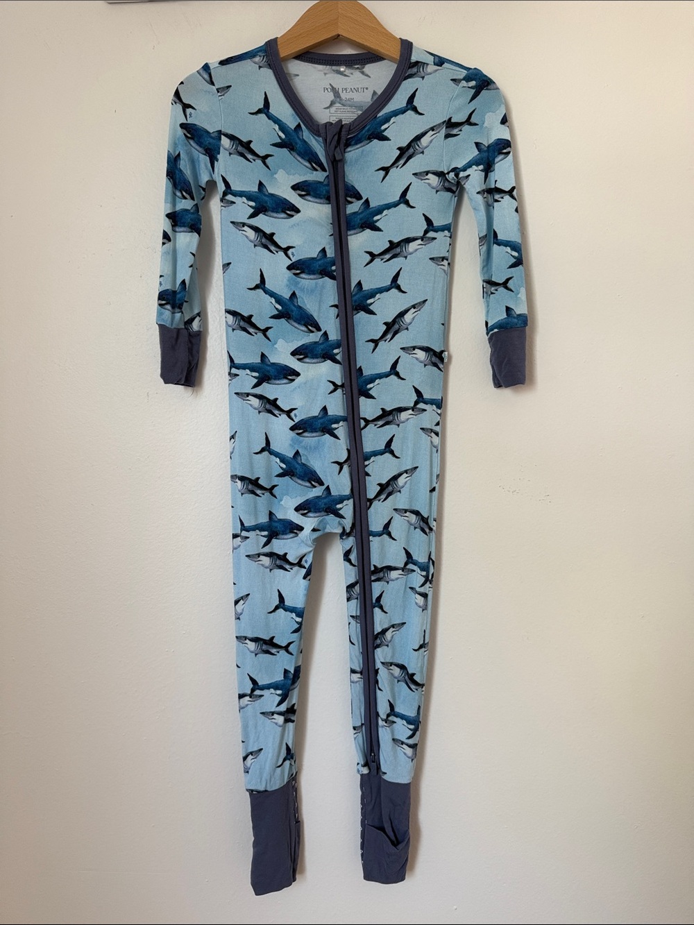 Posh Peanut Blue Shark Print Baby One-Piece Pajamas baby size 18-24 months